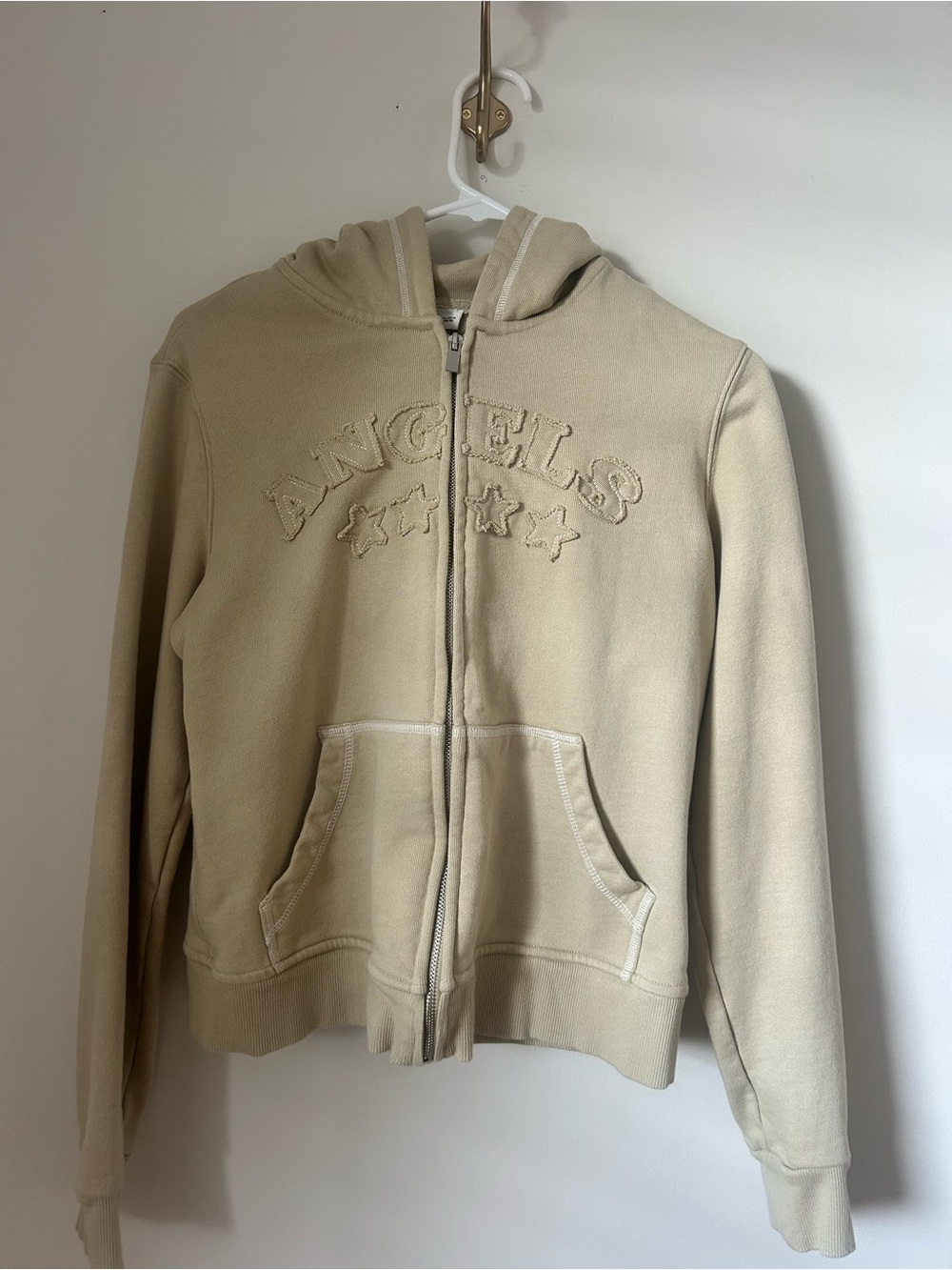 Mango Women’s Small Beige 'Angels' Embroidered Zip Hoodie
